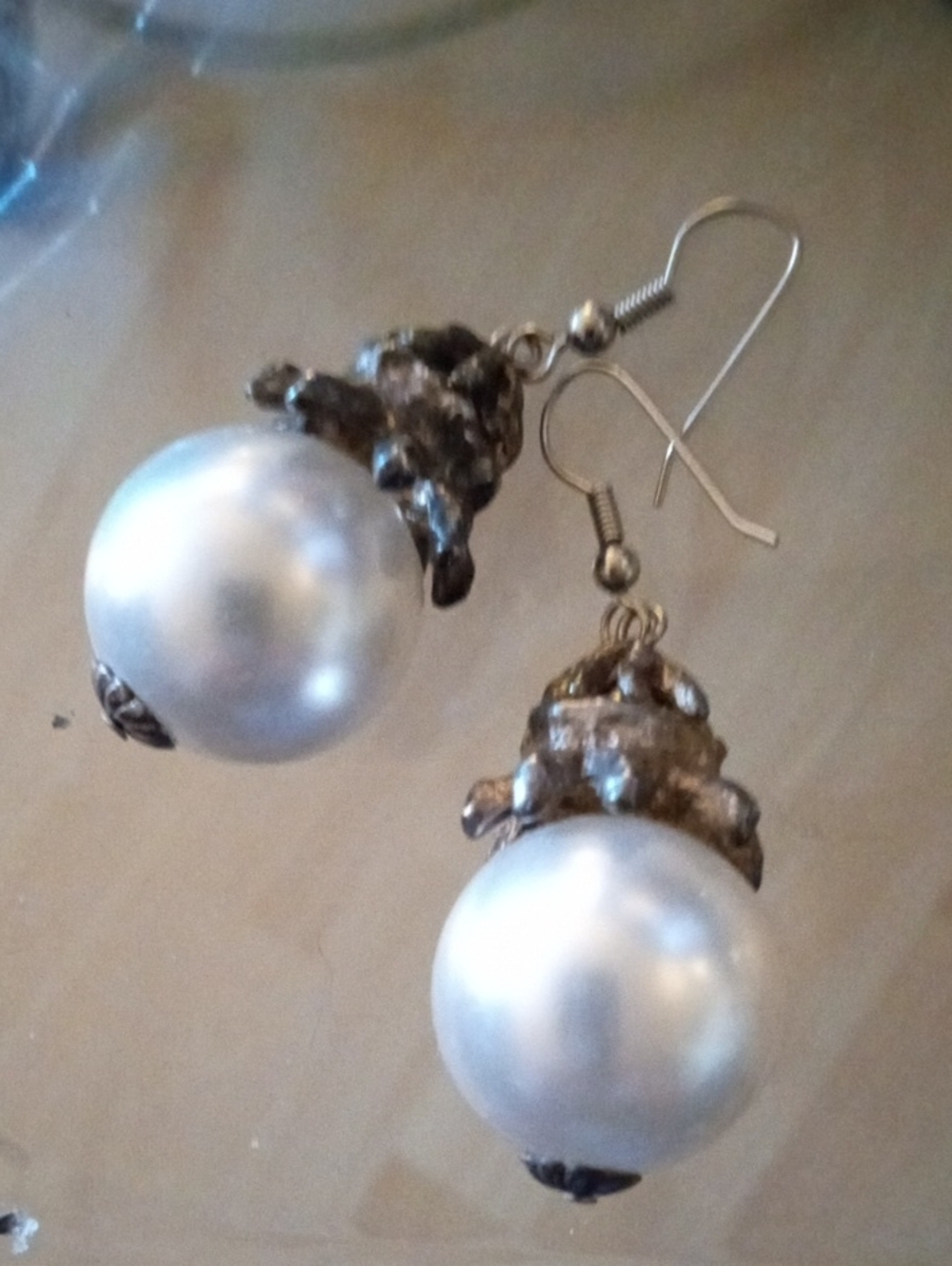 Vintage-Style Pearl Drop Earrings with Antiqued Silver Ornate Cap